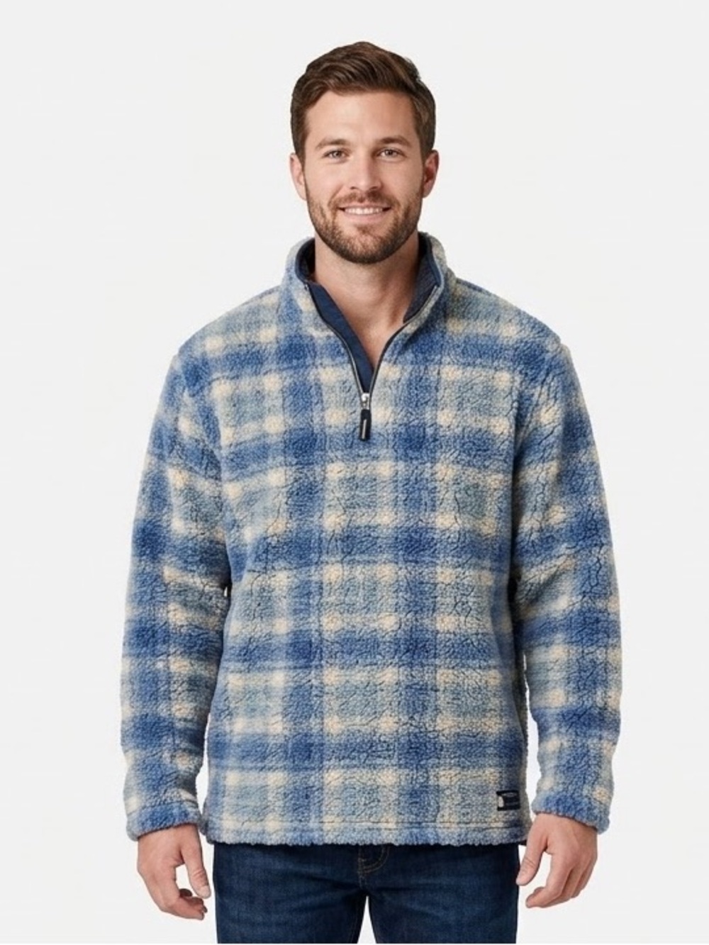 Southern Marsh Blue Plaid Sherpa Fleece Quarter Zip Pullover Size XL
